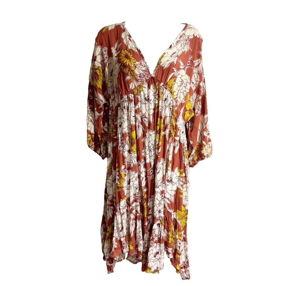 CES FEMME Women Medium Freebird Rust Dress Bohemian Floral Long Sleeve V Neck